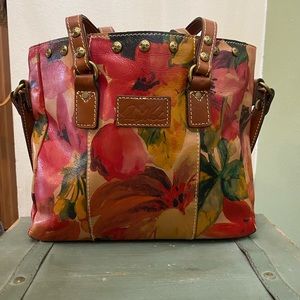 PATRICIA NASH SPRING MULTI COLOR FLORAL LEATHER TOTE EUC